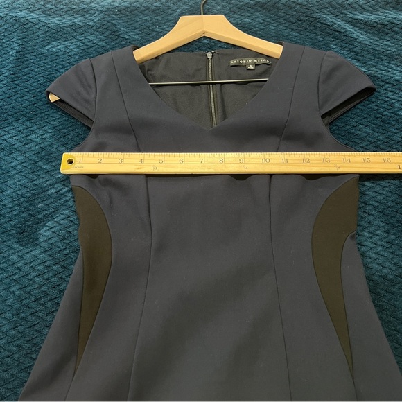 ANTONIO MELANI Navy & Black Cap Sleeve Stretch Ponte Knit Midi Sheath Dress 0‎ - Picture 12 of 13
